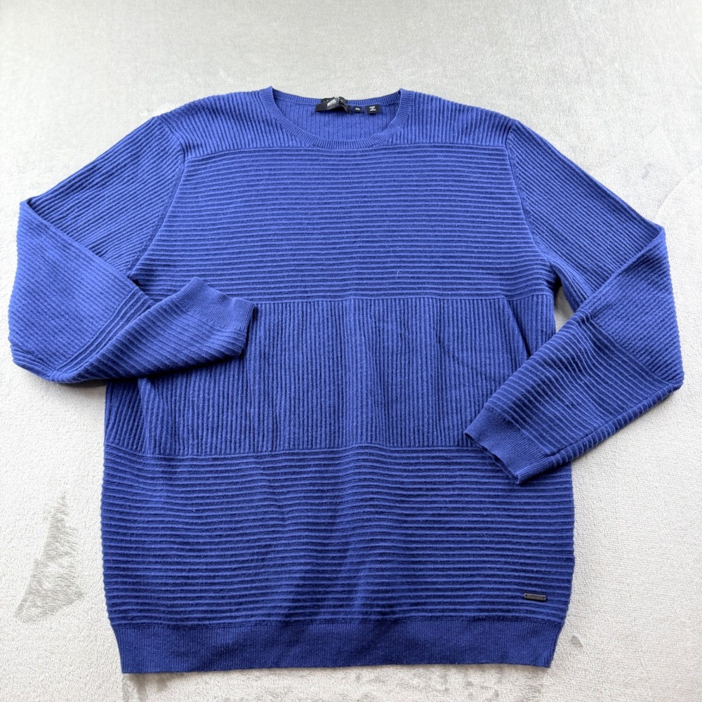 Hugo Boss Men's XXL Blue Cotton Virgin Wool Blend Slim Fit Ribbed Knit Sweater